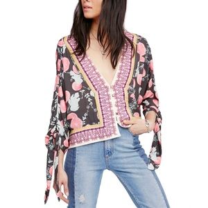 Free People Freshly Squeezed Knit Oversized Blouse Tie Sleeves Button Front XS